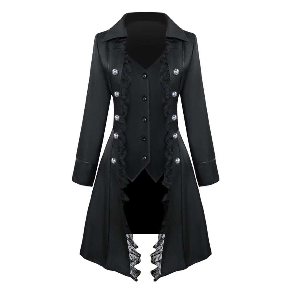 Abrigo gótico Vintage de manga larga para mujer, ropa de abrigo de Color liso con cuello de camisa de encaje y Triple botonadura, prendas de vestir exteriores: Black / S