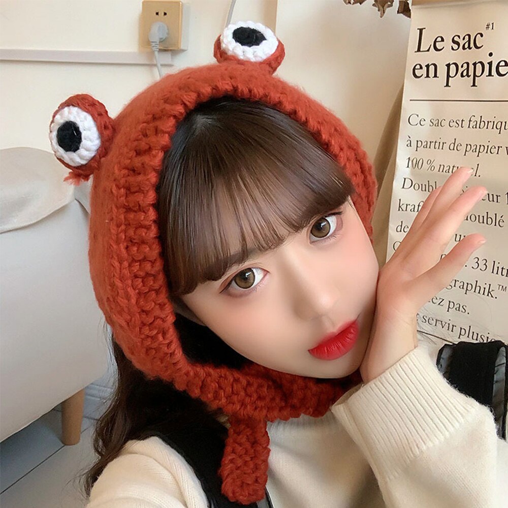 Winter skullies schattige vrouwen kikker hoed haak gebreide muts kostuum muts mutsen pet vrouwen hiphop pet fotografie rekwisiet feest
