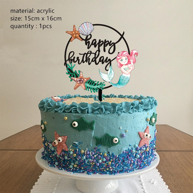 Färgglada ocean style cake topper sjöjungfru tårta topper baby girs brithday party dekoration grattis på födelsedagen akryl