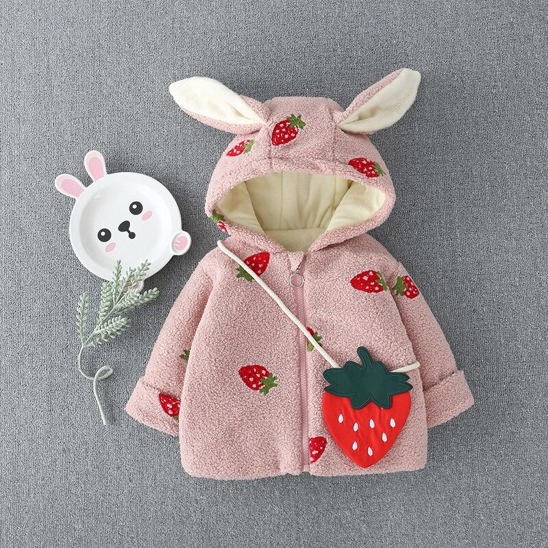 FOCUSNORM-mezcla de prendas de vestir dibujo de fresa de manga larga con capucha y cremallera, abrigos cálidos de piel para invierno, 0-3 años: Rosa / 12 meses
