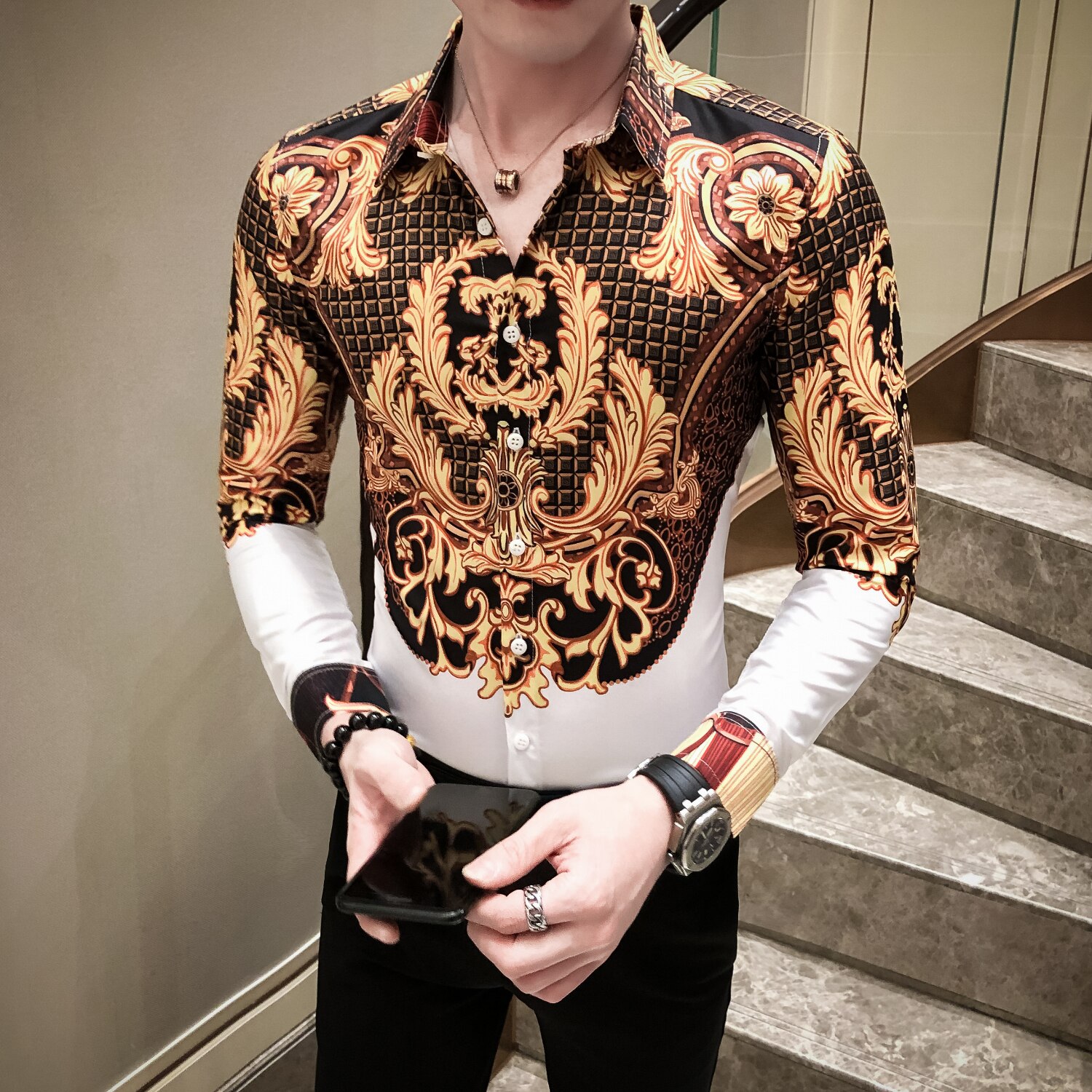 Black Gold Baroque Shirt Men Slim Fit Camisas Para Hombre Paisley Pattern Shirt Men Camisa Social Masculina Long Sleeve Shirt: White / Korean XXXL 72-77kg 
