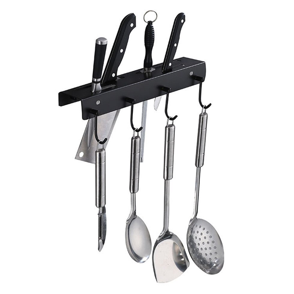 Black Knife Block with Hook Wall Mounted Knives Holder Pantry Rack for Storage 304 Stainless Steel Knife Shelf Utensils
