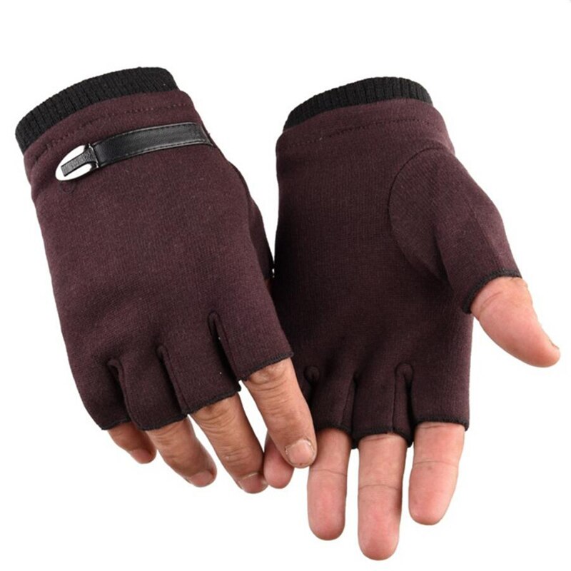 Gants homme sans doigts conduite daim cuir noir gris demi doigt hommes gants élastiques extérieur vélo mitaines hiver gants chauds: Velvet brown