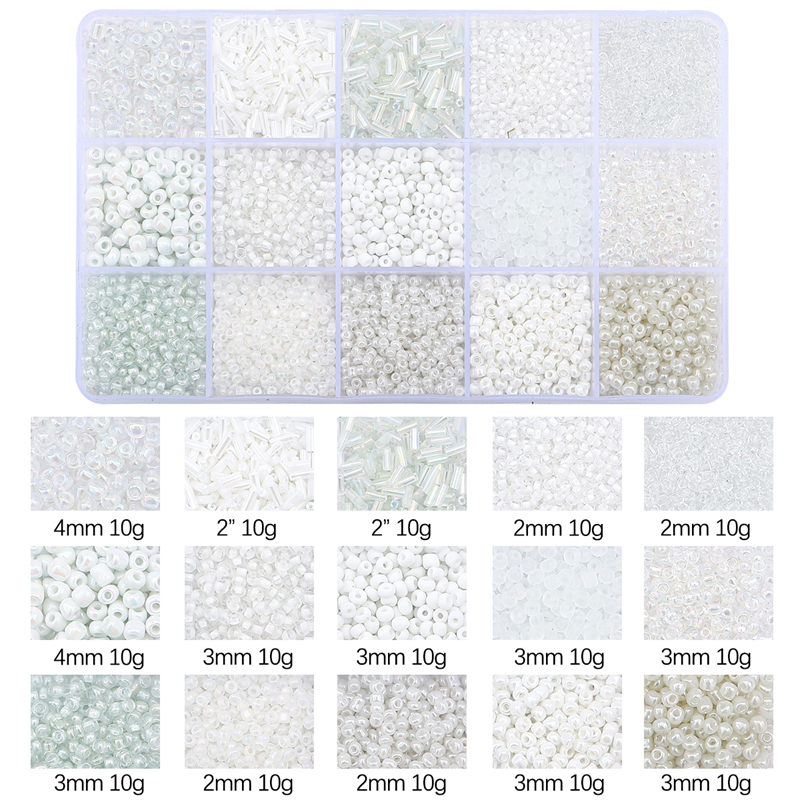 Juego de cuentas de vidrio de 15 colores para hacer pulseras, cuentas espaciadoras sueltas con caja de almacenamiento, Kit de cuentas de tubo para manualidades, dijes de collares: Blanco