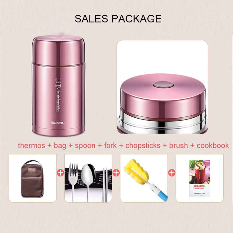 BOAONI 800ml Food Thermal Jar Vacuum Insulated Soup Thermos Containers 18/8 Stainless Steel Lunch Box with Portable Bag