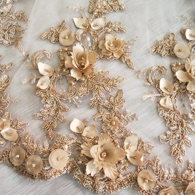 9 färg guld lila svart vit röd bröllopsklänning spets tyg 3d chiffong blommor nagelpärla spets tyg  rs35: Gyllene