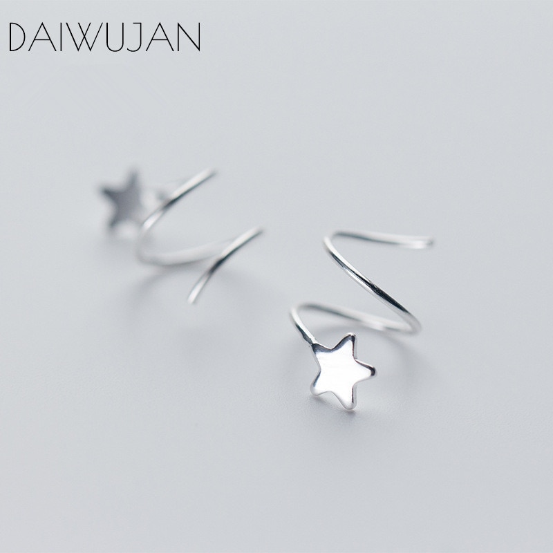 DAIWUJAN Real 925 Sterling Silver Glossy Star Rotating Wave Ear Clip Earrings For Women Fine Jewelry Party Bijoux