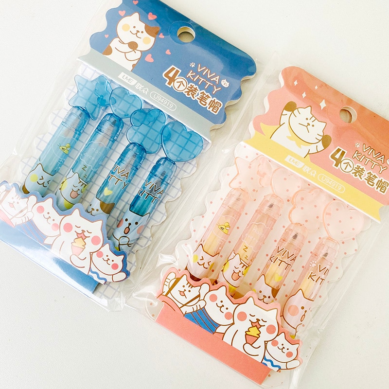 4 Stks/pak Leuke Kawaii Kat Plastic Pen Potlood Cap Briefpapier Plastic Potlood Grip Voor Kids Kind Potlood Topper