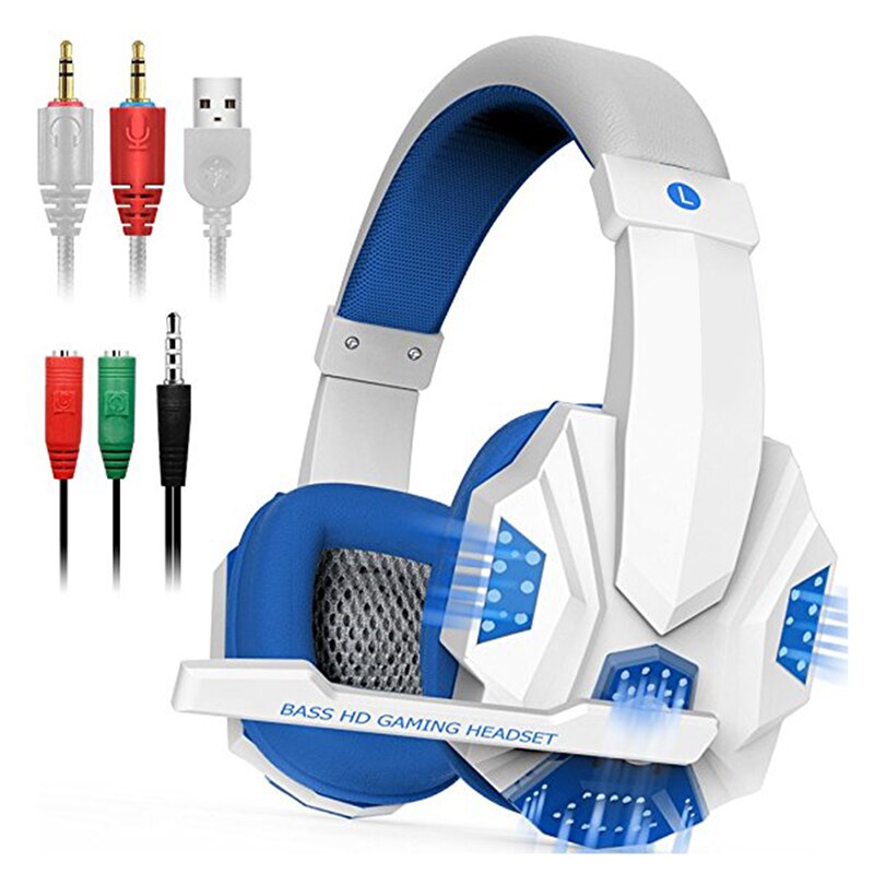 Wired Gaming Headset Noise Cancelling Headphones Surround sound Deep bass Stereo Earphones W/Mic LED Light For Game PC Lapto: White