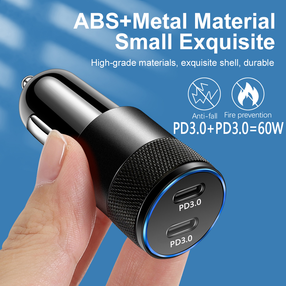 60W USB C szybka ładowarka samochodowa 2 porty ładowarka samochodowa Adapter podwójny typ C PD dla IPhone12 11 Pro Max Samsung Galaxy Note20 Android