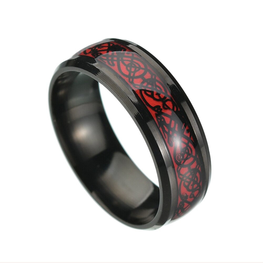 Menn ring smykker rød svart drage innlegg komfort passform rustfritt stål ringer 11 menn kvinner giftering bred 8mm størrelse 7 8 9 10