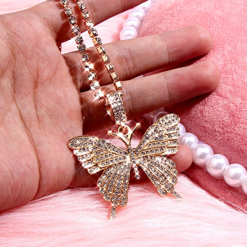 Caraquet Bling Crystal Tennis Chain Choker Necklace for Women 4 Color Rhinestone Big Butterfly Pendant Necklace Bijoux