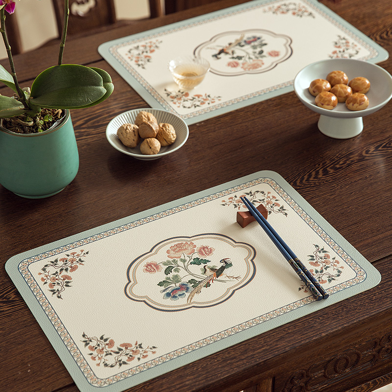 Heat Resistant Table Mats Set of 2, Hydrangea Faux Placemats, Floral Bird, Chinese Style, Digital Printing for Party Family: Dark Khaki