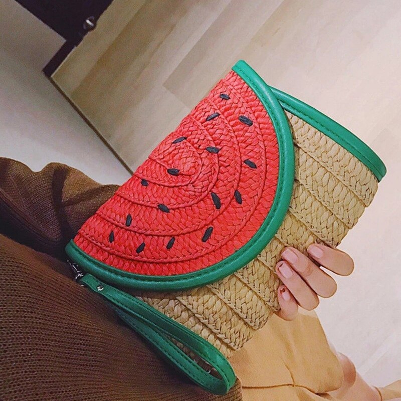Sommar kvinnlig strandväska kvinnor handgjord halmpåse tecknad fruktstråkopplingsväska