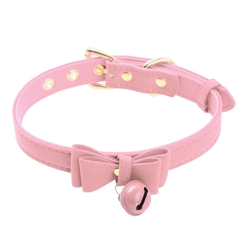 Women Girls PU Leather Adjustable Bow Tie Neck Choker Collar Necklace with Bell for Halloween Cat Costume Birthday: Pink