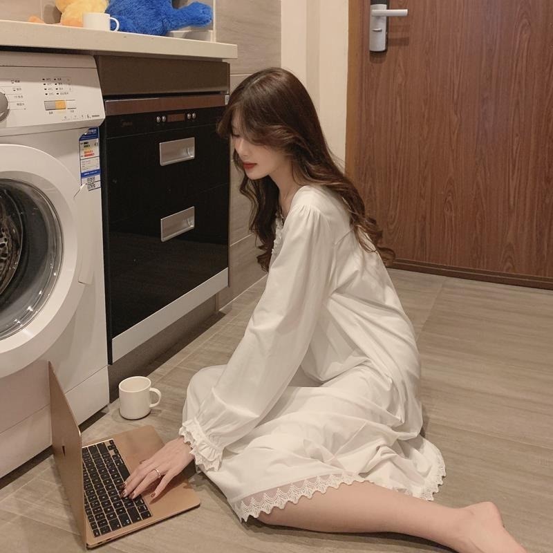 Kobiety robić połowy łydki koszule nocne jednolity kolor, w kwadraty, z kołnierzem z długim rękawem sznurkiem falbany luźna w stylu retro nowa elegancka francuska zwykły Ulzzang Sznurówka