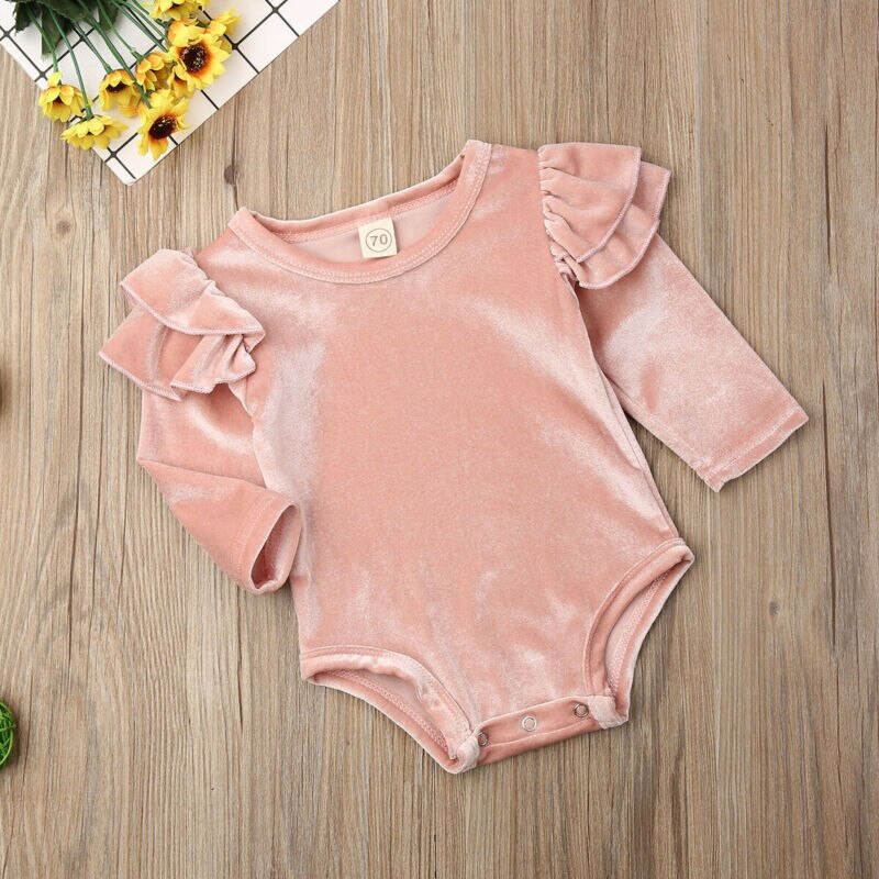 Autumn Newborn Baby Girl Boys Velvet Bodysuits Fly-Sleeve Pink Warm Jumpsuit One-Pieces Clothes