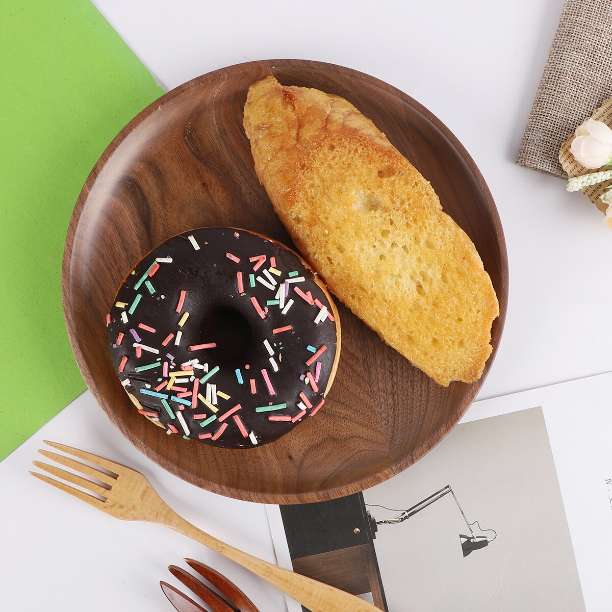 Acacia and Walnut Dinner Plates, Round Solid Wood Plates, Stackable Dinner Plates, Natural tableware dining for Dishes Snack