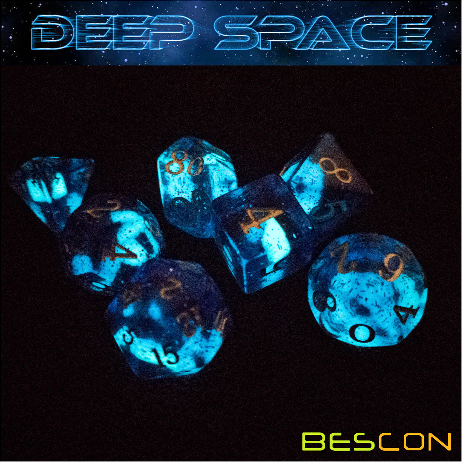 Bescon Super Glow In The Dark Glitter Polyhedrale Dobbelstenen Set Diepe Ruimte, Lichtgevende Rpg Dobbelstenen Set, gloeiende Dnd Spel Dobbelstenen