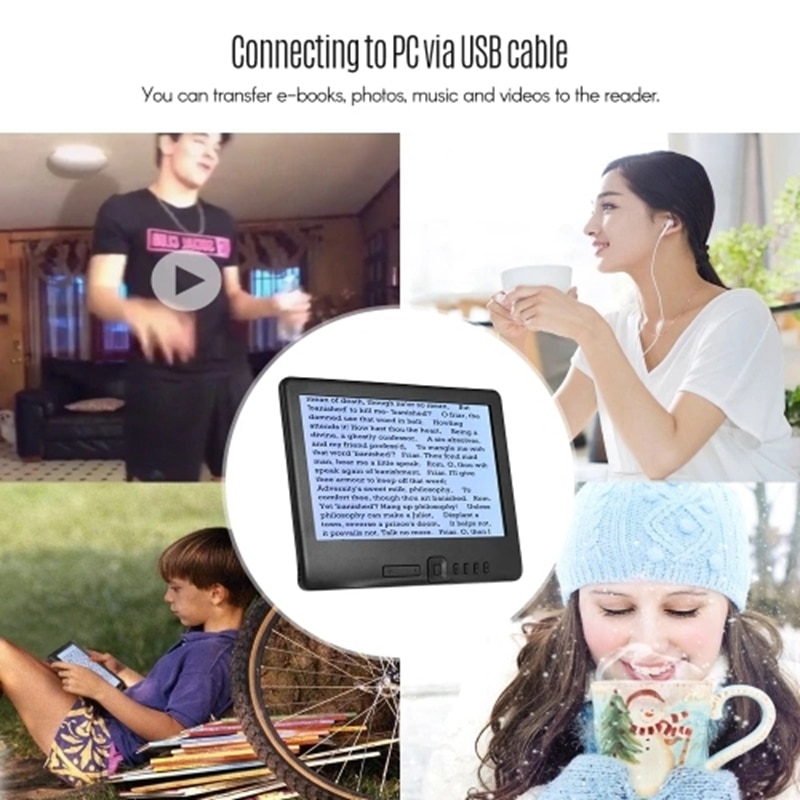 Portable 7 Inch 800 x 480P E-Reader Color Screen Glare-Free Built-In 4GB Memory Storage Backlight Battery Support Photo Viewing/