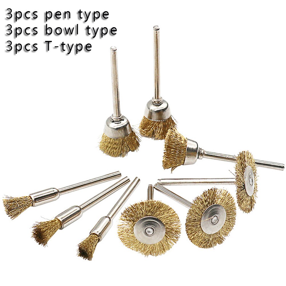 Brass Brush Wire Wheel Brushes Die Grinder Rotary Electric Tool for Engraver Pen-Shape Bowl-Shape T-Shape Brushes Set Kit: 9pcs mixed type