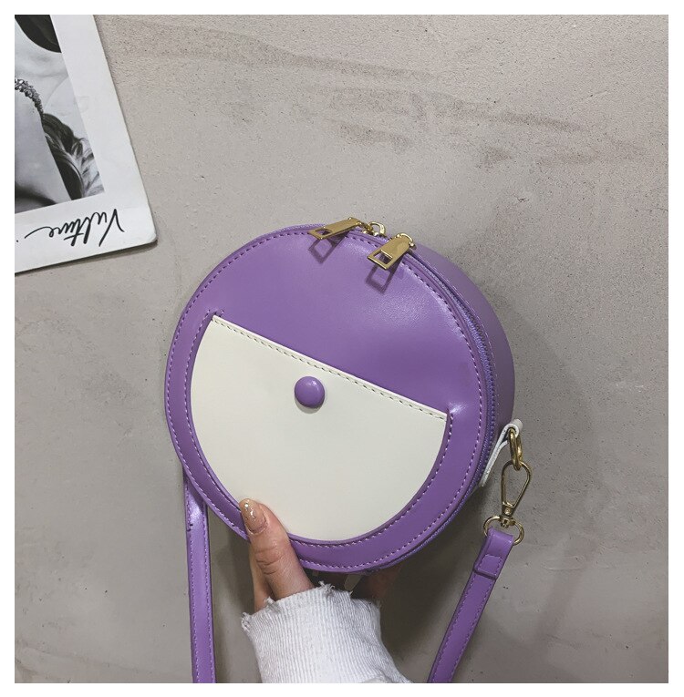 Small Round Shoulder Bag - PU Leather - Single Strap - Zipper Closure - Casual Tote: Purple