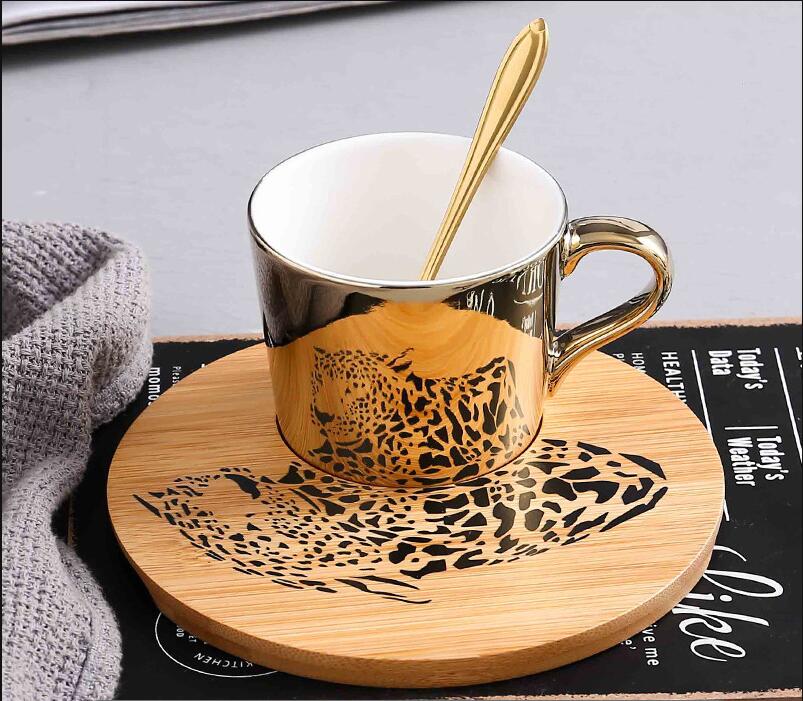 Plating Mirror Reflection Ceramic Coffee Mugs With Wood Dish Tea Cups Drinkware Send Box: 4