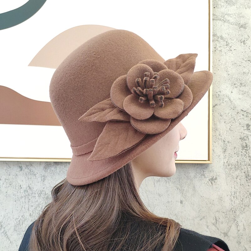 Chapeau Fedora en laine pour femmes, chapeau seau à fleurs texturées, , en forme de dôme, à la , automne hiver: Caramel color