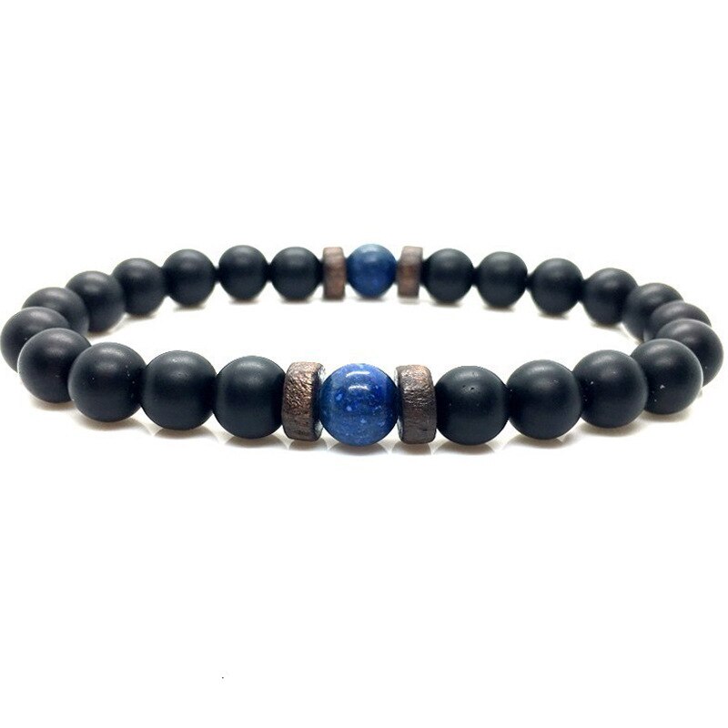 Pulsera de piedra volcánica para hombre, brazalete con cuentas negras, cuerda elástica, , joyería: G
