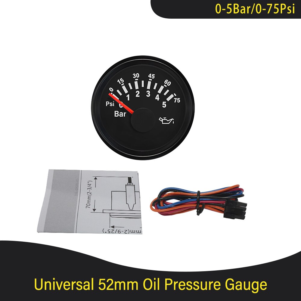 Universal vandtæt 52mm olietryksmåler 0-5 bar 0-75 psi /0-10 bar 0-145 psi med rød baggrundsbelysning 9-32v til bil lastbil båd: 0-5 bar mia
