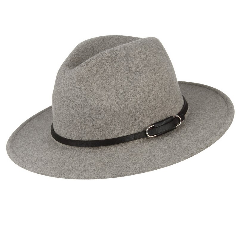 Gemvie bredskygget uld fedora filthat til kvinder varm efterår vinter panama hat jazz kasket med spænde læderbånd: Grå 3