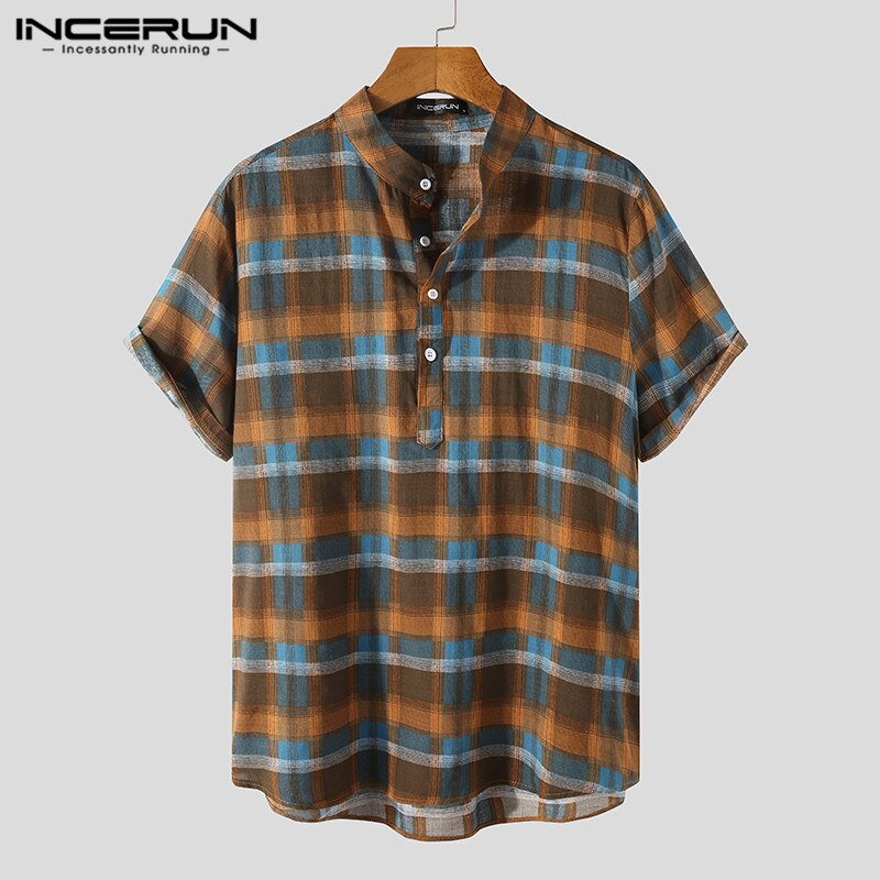 Chemisier en coton à boutons pour homme, Vintage, manches courtes, col montant, décontracté, ample, été , S-3XL