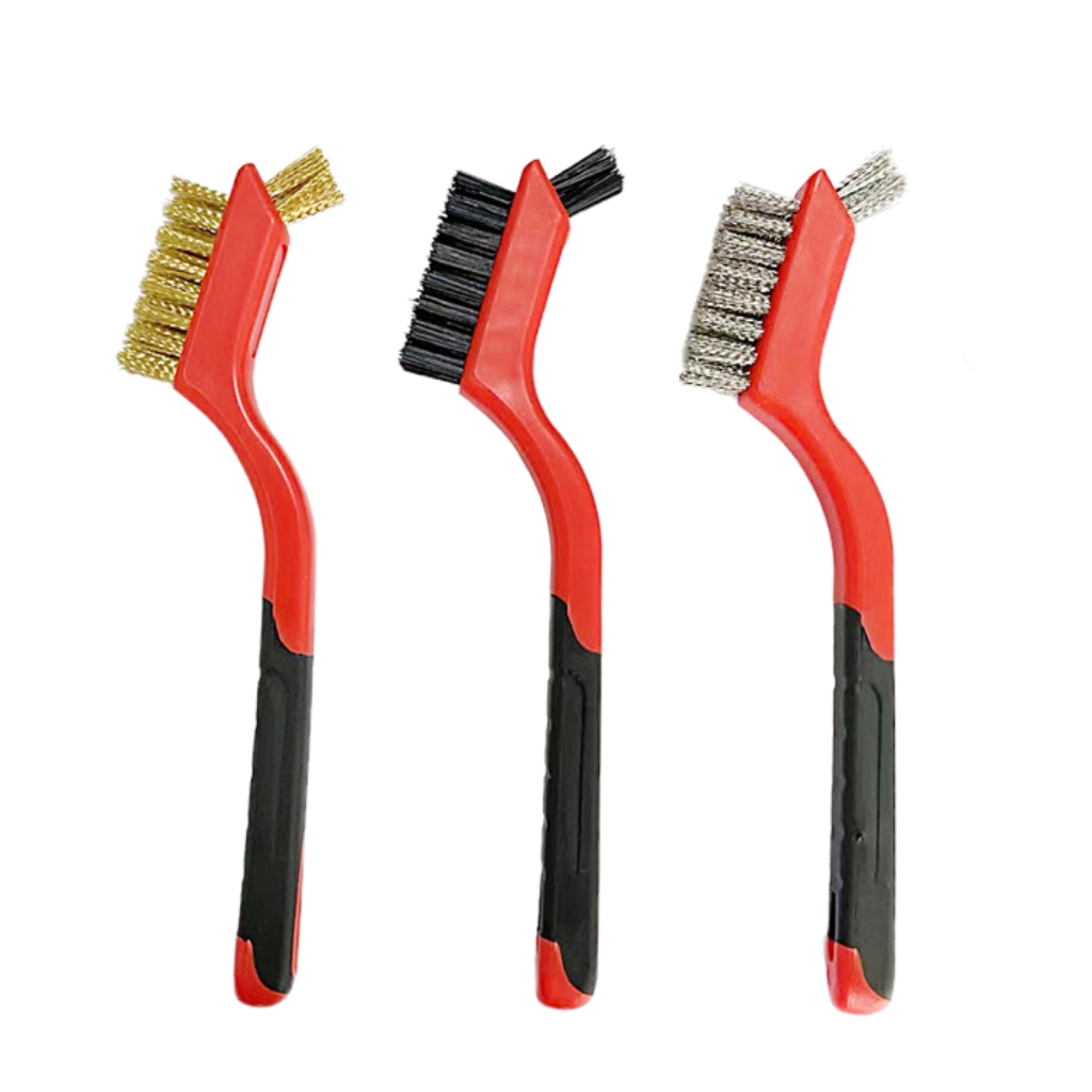 Set di spazzole metalliche Setole in nylon/ottone/acciaio inossidabile con impugnatura curva per la pulizia profonda di ruggine, sporco e vernice: Rosso