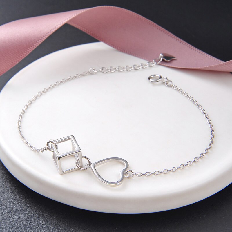 16 Cm Jewelry Romantic Love Cube Bracelet Solid Geometry Sterling Silver Female Wedding Bracelet Lovely Hand Chain 925