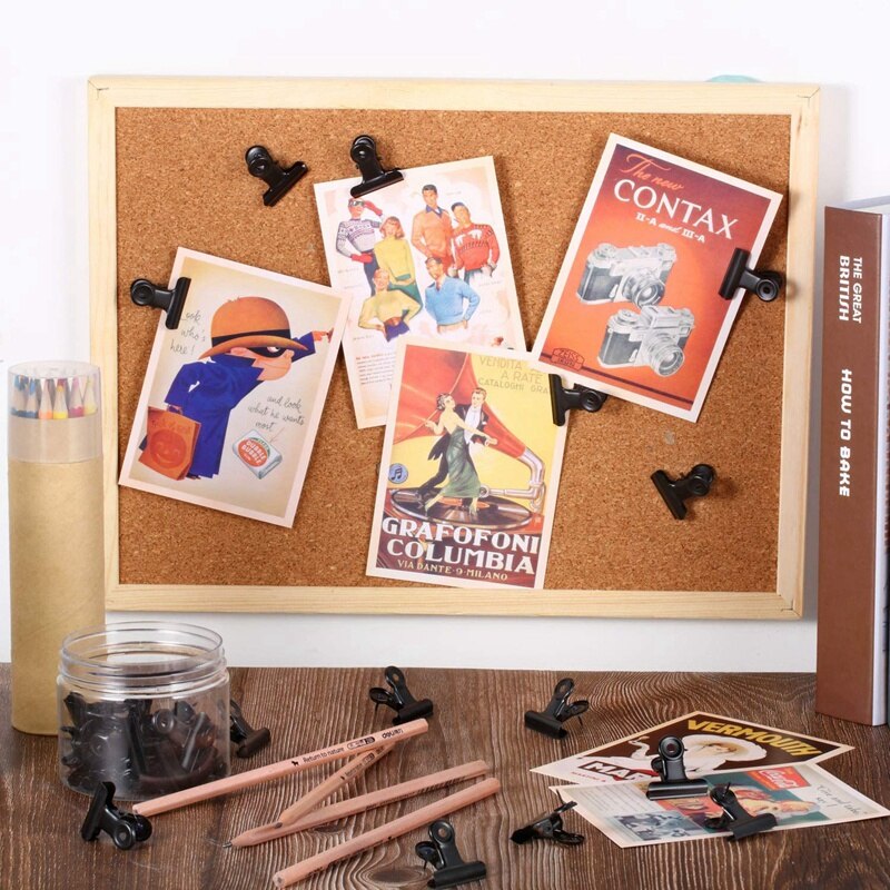 Set van 30 zwarte pushpins, clips en punaises voor schoolkunstprojecten op prikbord, foto's op prikbord