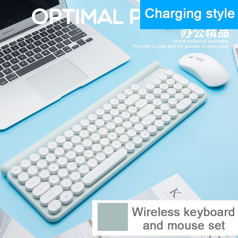 Smart Sleep Rechargeable Wireless Mouse and Keyboard Set Silent Mouse Battery Keyboard Round Keys Keyboard PC Computer Keyboards: Charging style Green