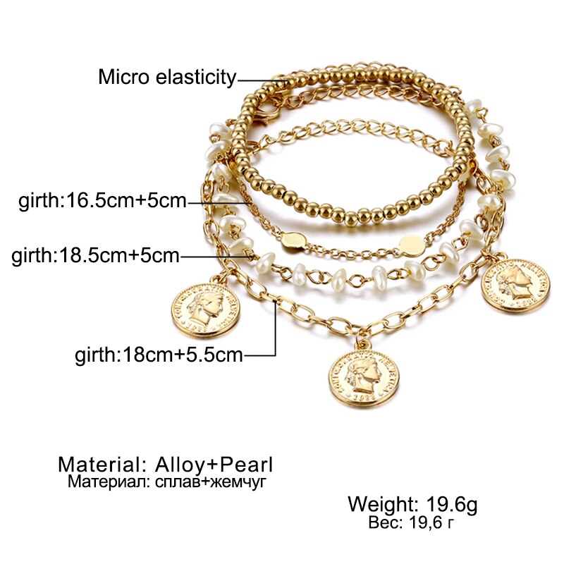 Vienkim Charme Neue mehrschichtig Münze Anhänger Perlen Kette Armbinde Gold Perle Pailletten Armbänder für Frauen Schmuck