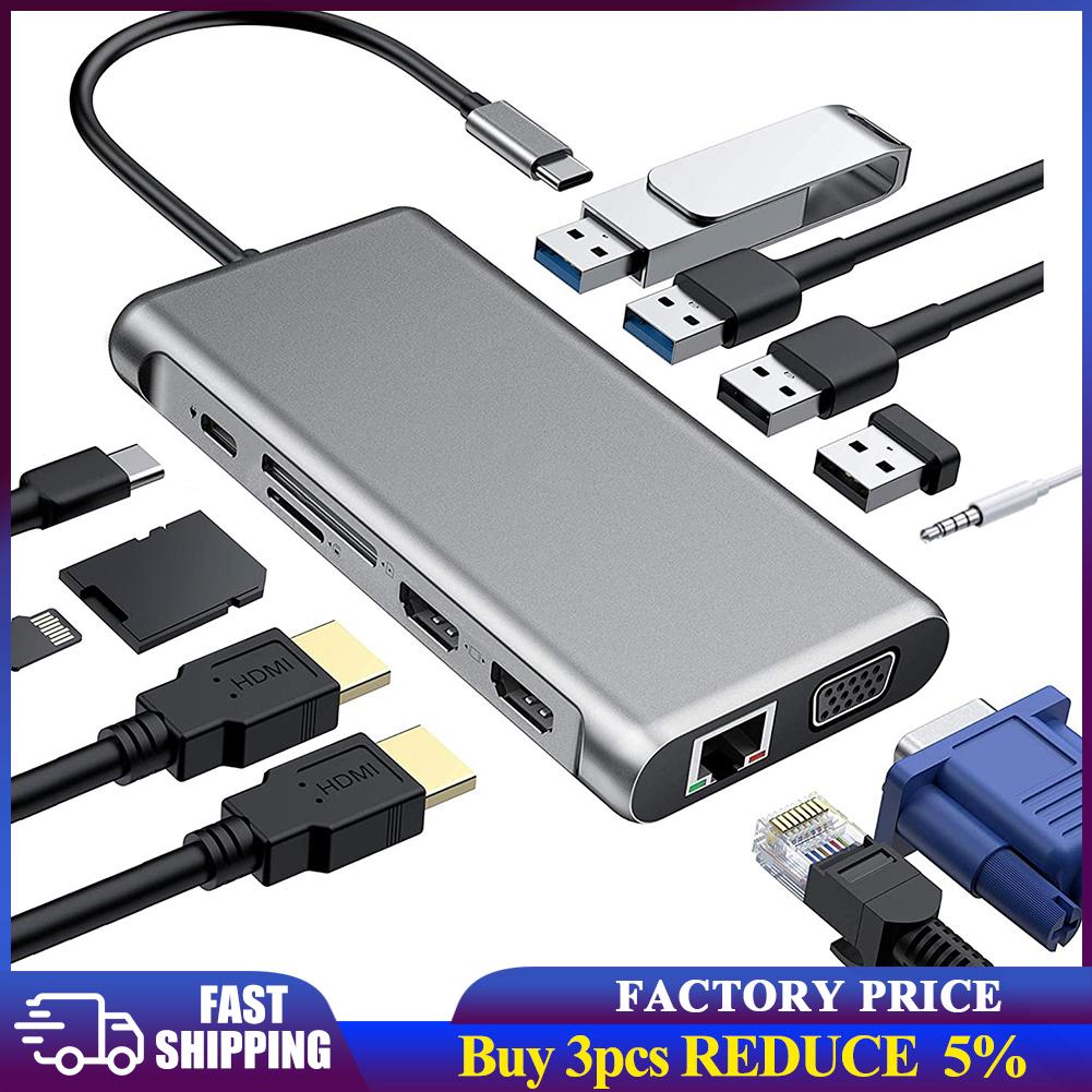 Adaptador de estación de acoplamiento para ordenador portátil y PC 12 en 1 HUB tipo C con USB HDMI1080P VGA RJ45 3,5mm SD TF