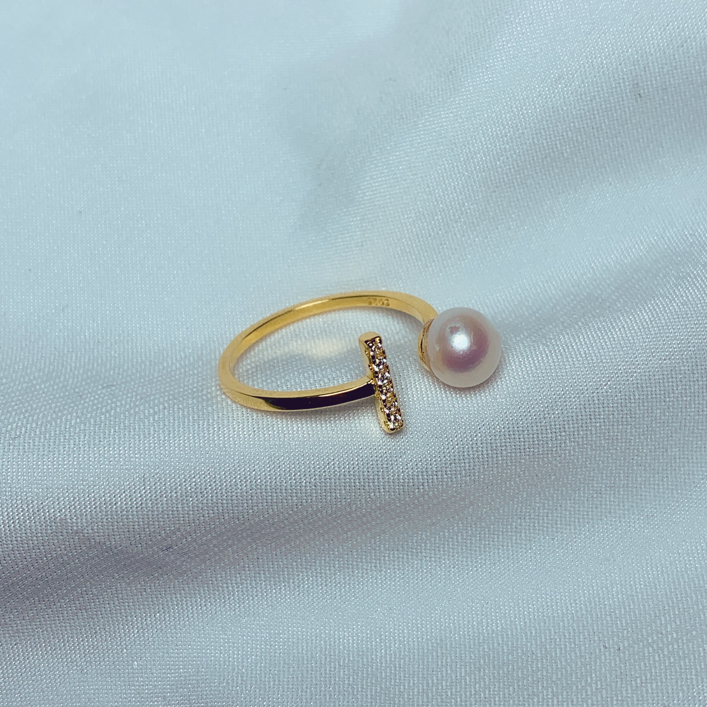 T-shaped natural pearl open gold color ring simple ring 925 sterling silver women's ring party wedding anniversary jewel