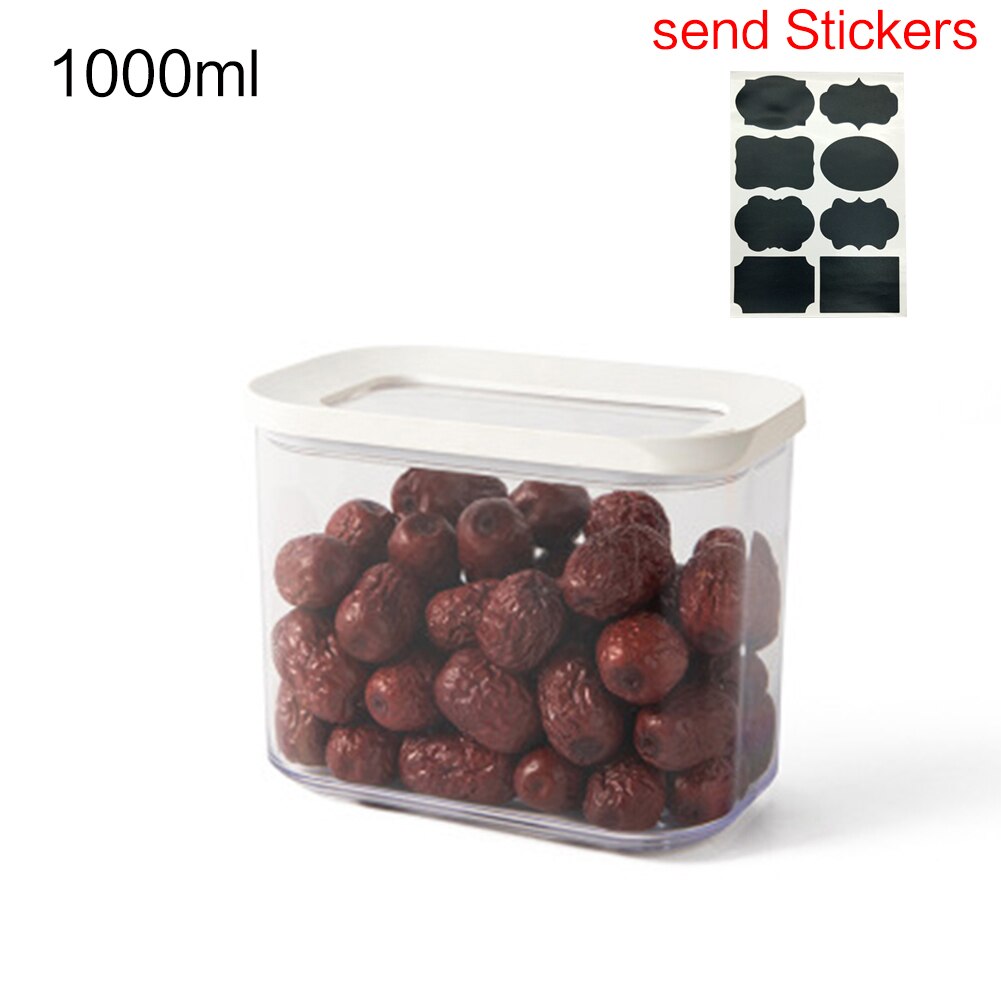 Plastic airtight jar kitchen storage box white lid food jar fresh-keeping transparent container sticker kitchen storage: 1000ml