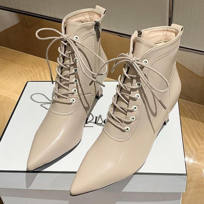 Stijl leren puntige neus stiletto hoge hakken winter streetwear veter enkellaarsjes kruisstrik chelsea boots