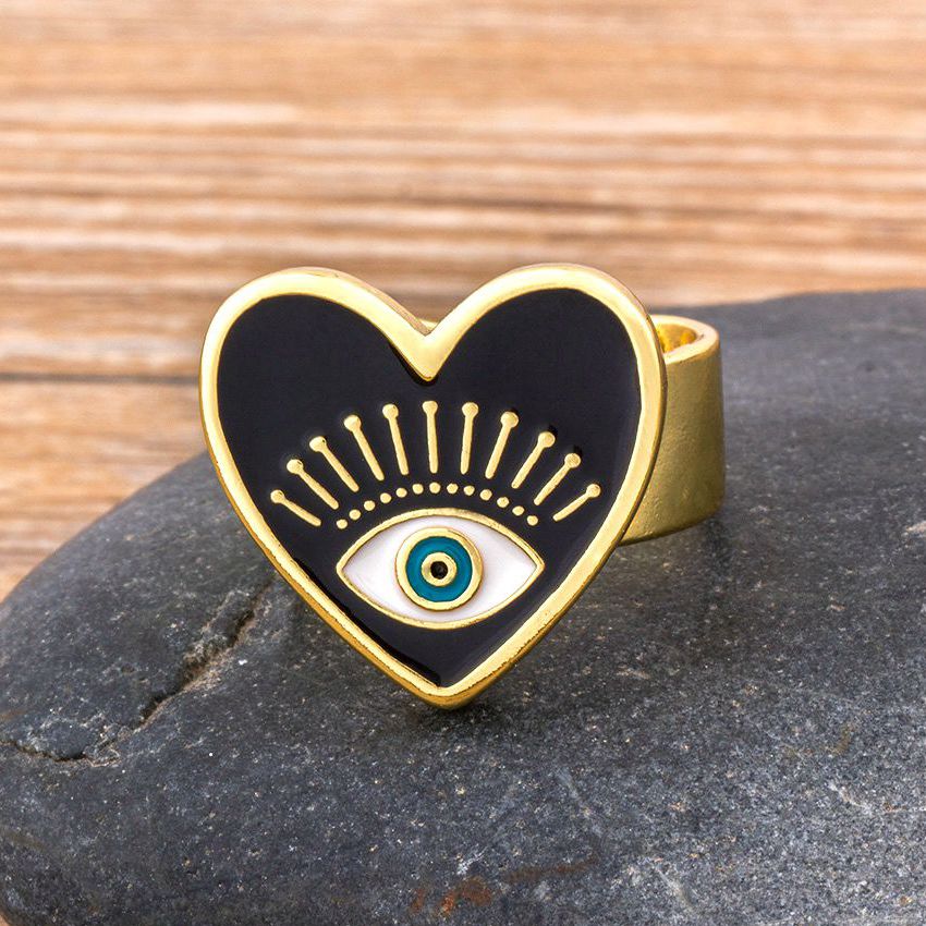 Modieuze Evil Eye Zwarte Goud Verstelbare Ringen Voor Vrouwen Populaire Evil Eye Leuke Liefde Hart Ringen Fabriek Sieraden