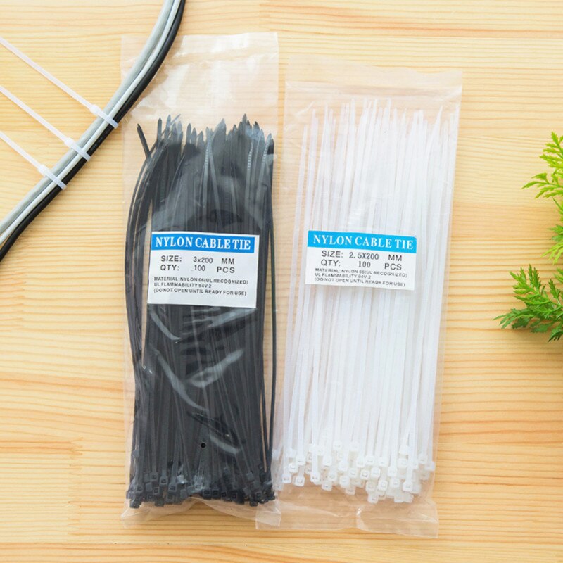 100pcs 2.5*200mm/2.5*100mm Nylon Plastic Zip Trim Wrap Cable Ties Loop Clamps Self-Locking Anti-Aging High Tensile Strength