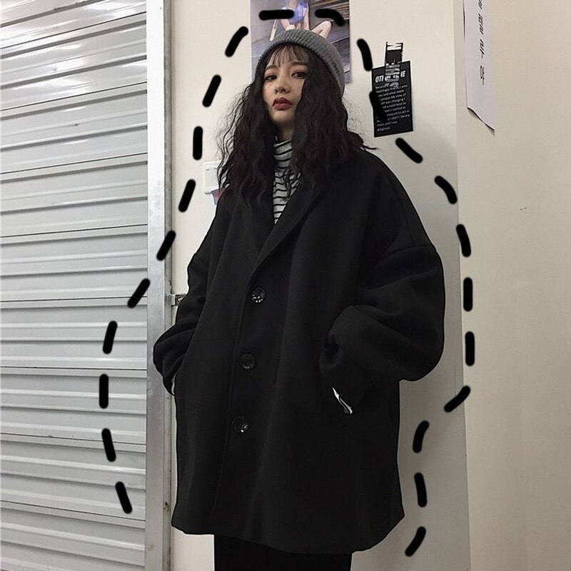 Blends Womens Coat Black Solid Casual Thicken Aesthetic Korean Style Couple Loose Leisure Female Harajuku Trendy Simple Wool