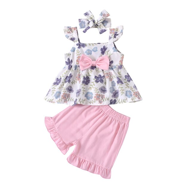 Tenues d'été pour bébés filles, manches volantées imprimées de fleurs, hauts à nœud papillon + Shorts à volants de couleur unie + vêtements à bandeau: Rose / 12M