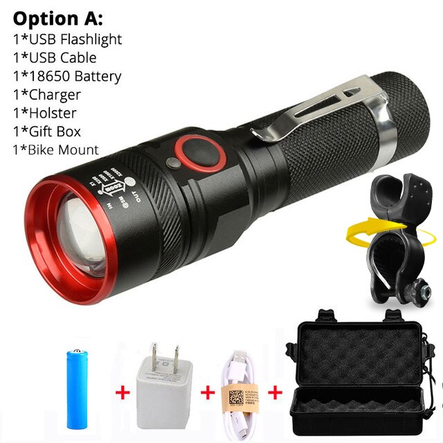 Sykkellys ultralys 8000 lumen zoom  t6 sykkel front led lommelykt lampe usb oppladbart sykkellys  by 18650 batteri: Alternativ a