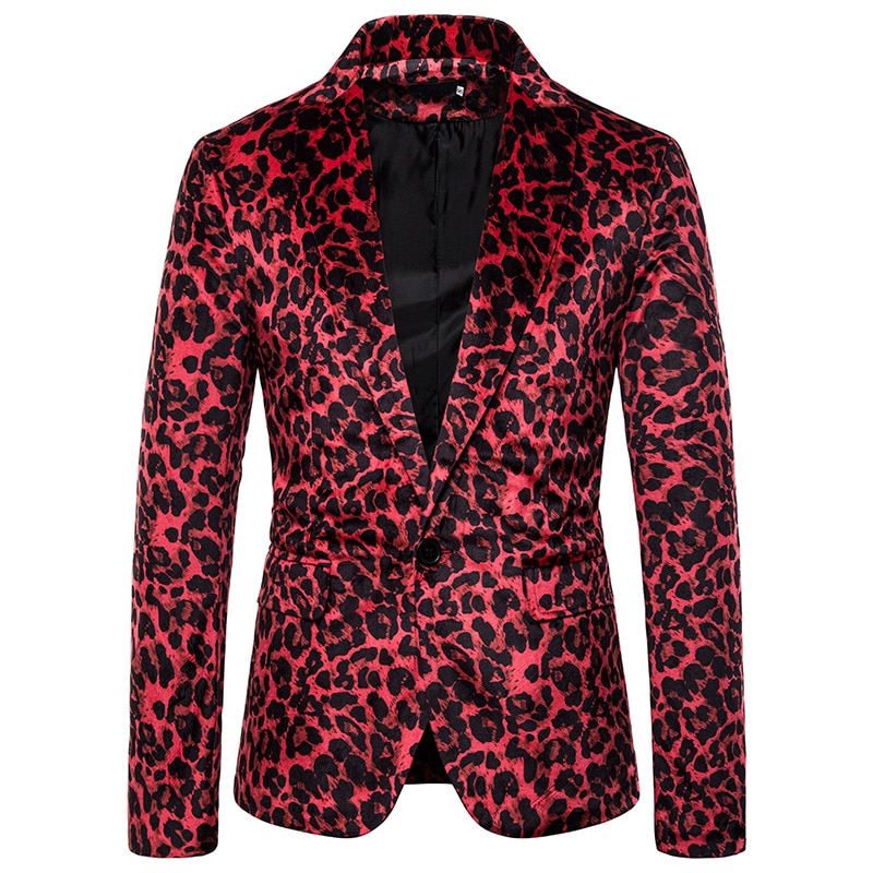 Men's Red Leopard Print Suit Blazer Jacket One Button Notched Lapel Dress Blazer Men Wedding Party Stage Singer Show Costumes