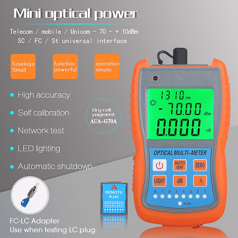 FTTH Mini medidor de potencia óptica AUA-G70A/50A OPM, probador de Cable de fibra óptica-70dBm ~ + 10dBm SC/FC/ST conector de interfaz Universal: AUA-G70A with FC-LC