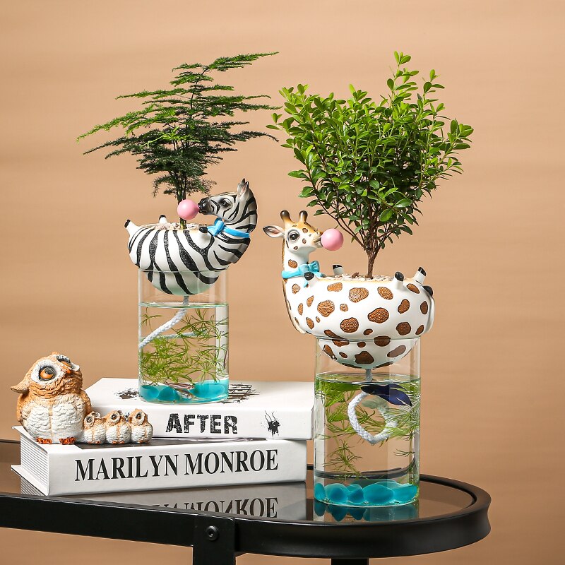 Harpiks dyrehoved vase med akvarium boble naturlig kaktus sukkulente planter urtepotter dekoration zebra giraf håndværk