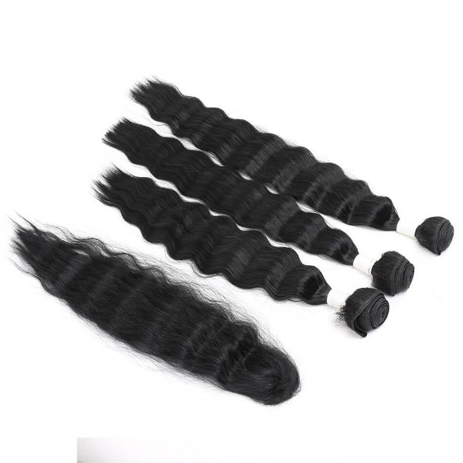 RYLAI Synthetic Body Wave Hair Bundles 16" -20‘‘ 1B＃ Hair Extensions 3Pcs Hair Bundles With 1Pcs Top Lace Closure